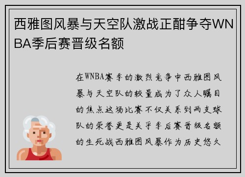西雅图风暴与天空队激战正酣争夺WNBA季后赛晋级名额