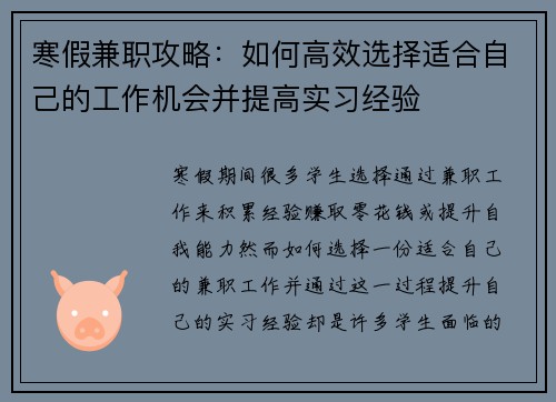 寒假兼职攻略：如何高效选择适合自己的工作机会并提高实习经验