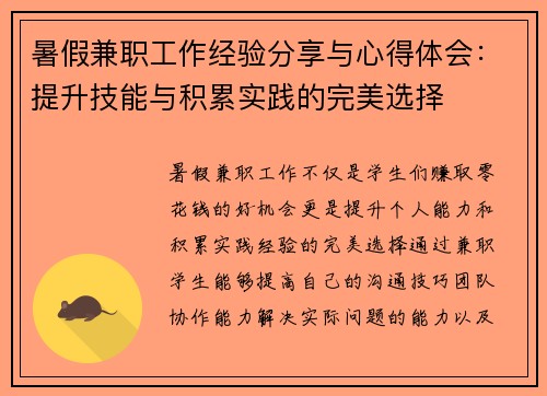 暑假兼职工作经验分享与心得体会：提升技能与积累实践的完美选择