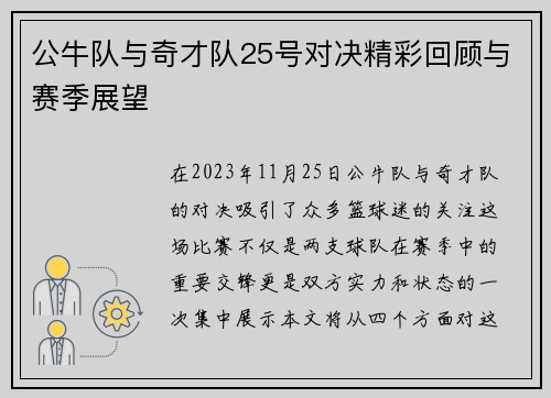 公牛队与奇才队25号对决精彩回顾与赛季展望