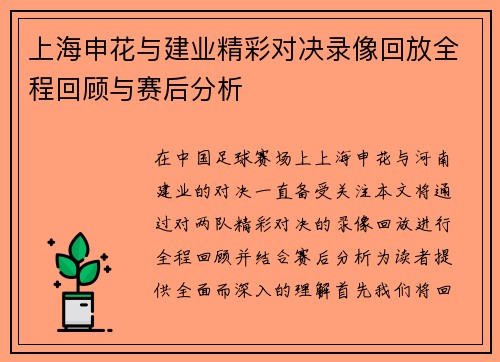 上海申花与建业精彩对决录像回放全程回顾与赛后分析