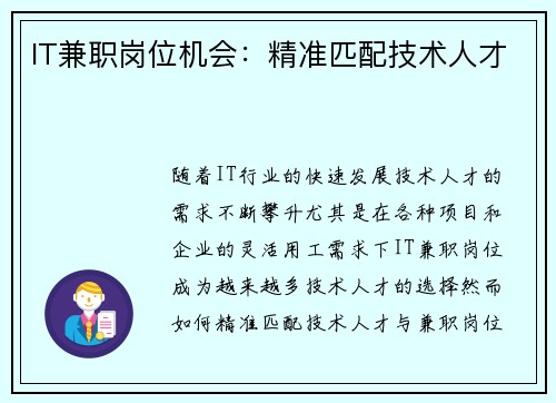 IT兼职岗位机会：精准匹配技术人才