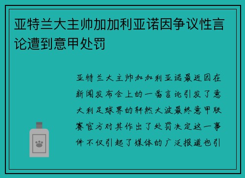 亚特兰大主帅加加利亚诺因争议性言论遭到意甲处罚