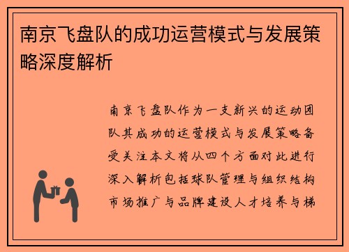 南京飞盘队的成功运营模式与发展策略深度解析
