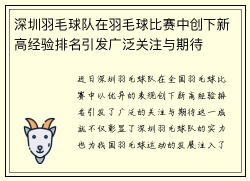 深圳羽毛球队在羽毛球比赛中创下新高经验排名引发广泛关注与期待