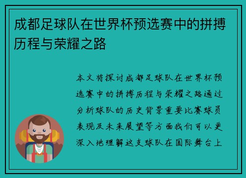 成都足球队在世界杯预选赛中的拼搏历程与荣耀之路