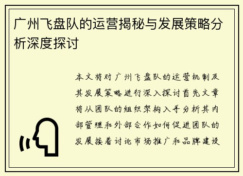 广州飞盘队的运营揭秘与发展策略分析深度探讨