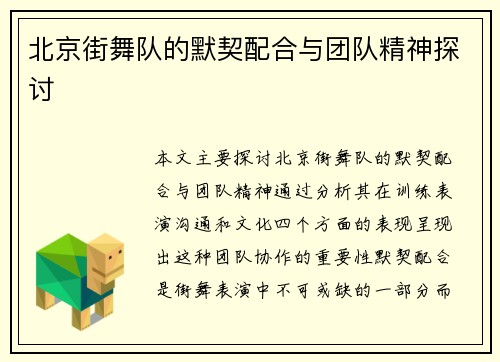 北京街舞队的默契配合与团队精神探讨