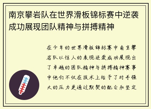 南京攀岩队在世界滑板锦标赛中逆袭成功展现团队精神与拼搏精神