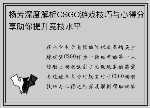 杨芳深度解析CSGO游戏技巧与心得分享助你提升竞技水平